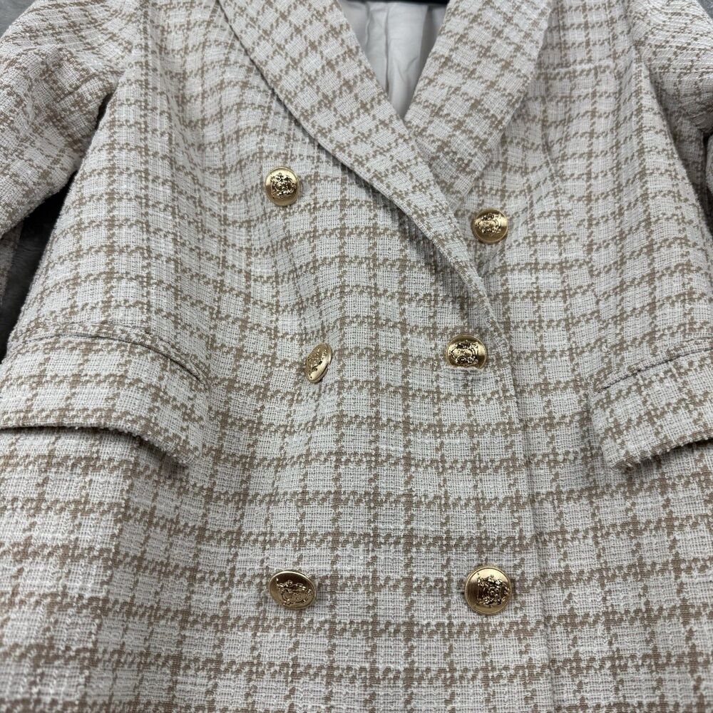 Tweed Double Breasted Blazer Suit Jacket White Brown Longer Length Women's S - Picture 5 of 12
